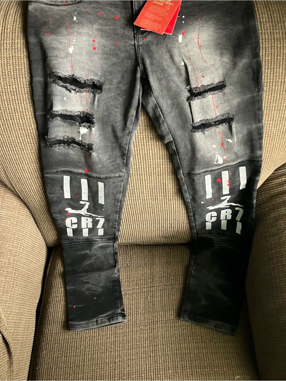Men's Skinny Black Distressed Jeans with Paint-Splash Detail